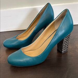 Seychelles Teal Leather Pumps Silver Block Heel 9